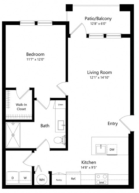 Floor plan for 1 bed, 1 bath, 823 sqft